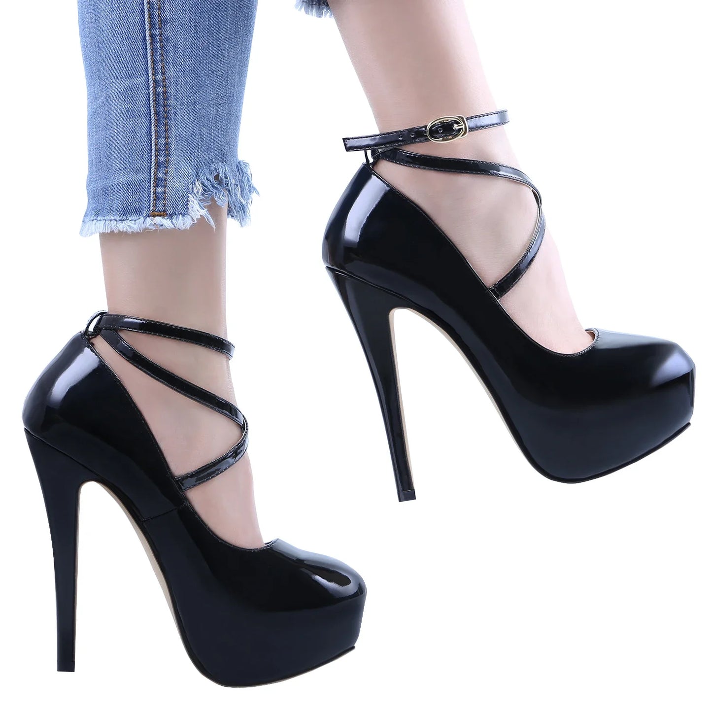 2024 New Women Pumps 14cm Super High heels ankle Strap Patent Leather Platform Sexy  Party Dress Red Wedding Shoes.