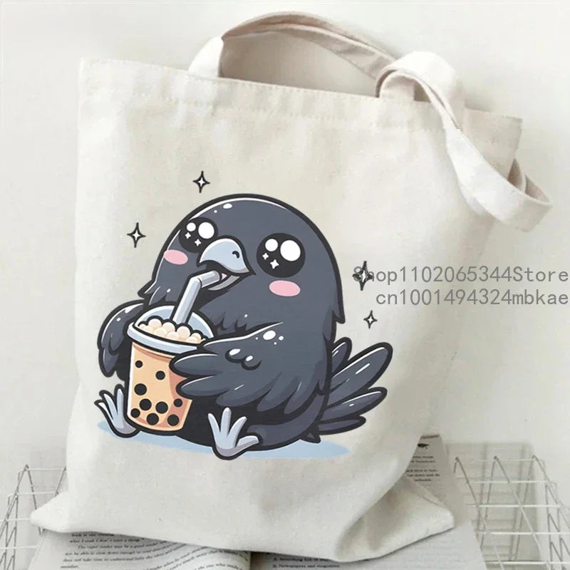 Cute Mouse Bobo Tea Pattern Canvas Shoulder Bag Women Animal Milk Tea Graphic Tote Bags Panda Frog Cartoon Women Shopping Purse.