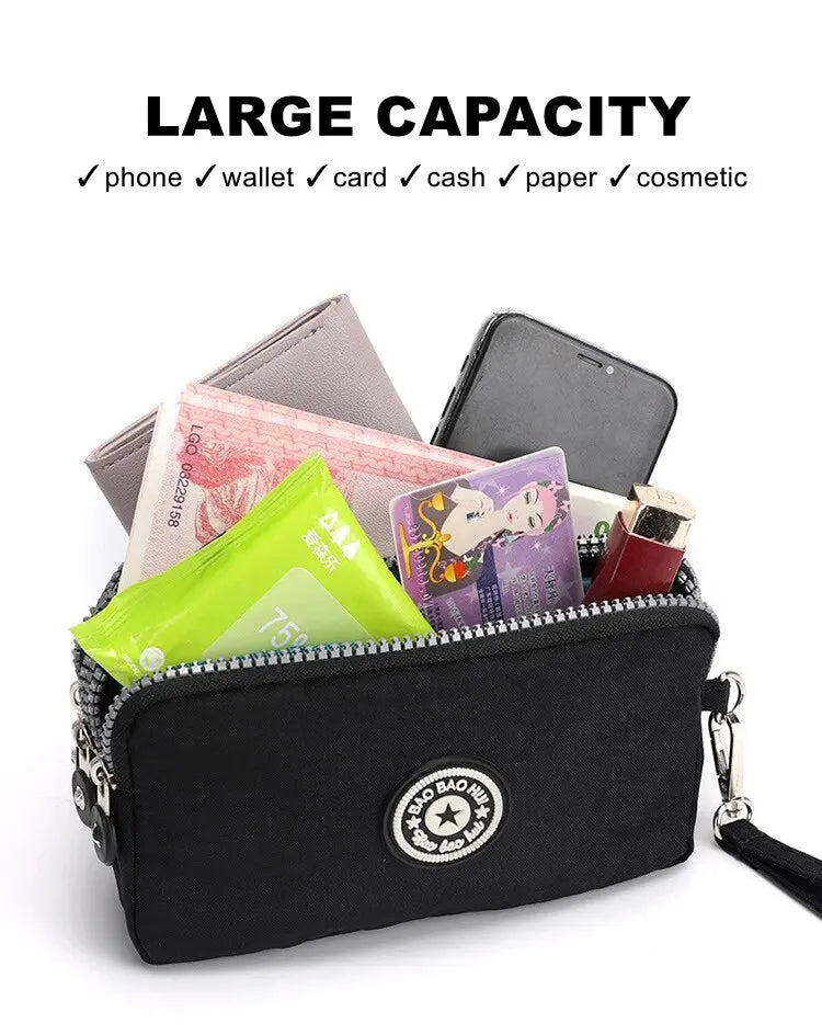 Solid Color Coin Purse Women Handbag Small Wallet Wrinkle Fabric Phone Purse Three Zippers Portable Make Up Bag.