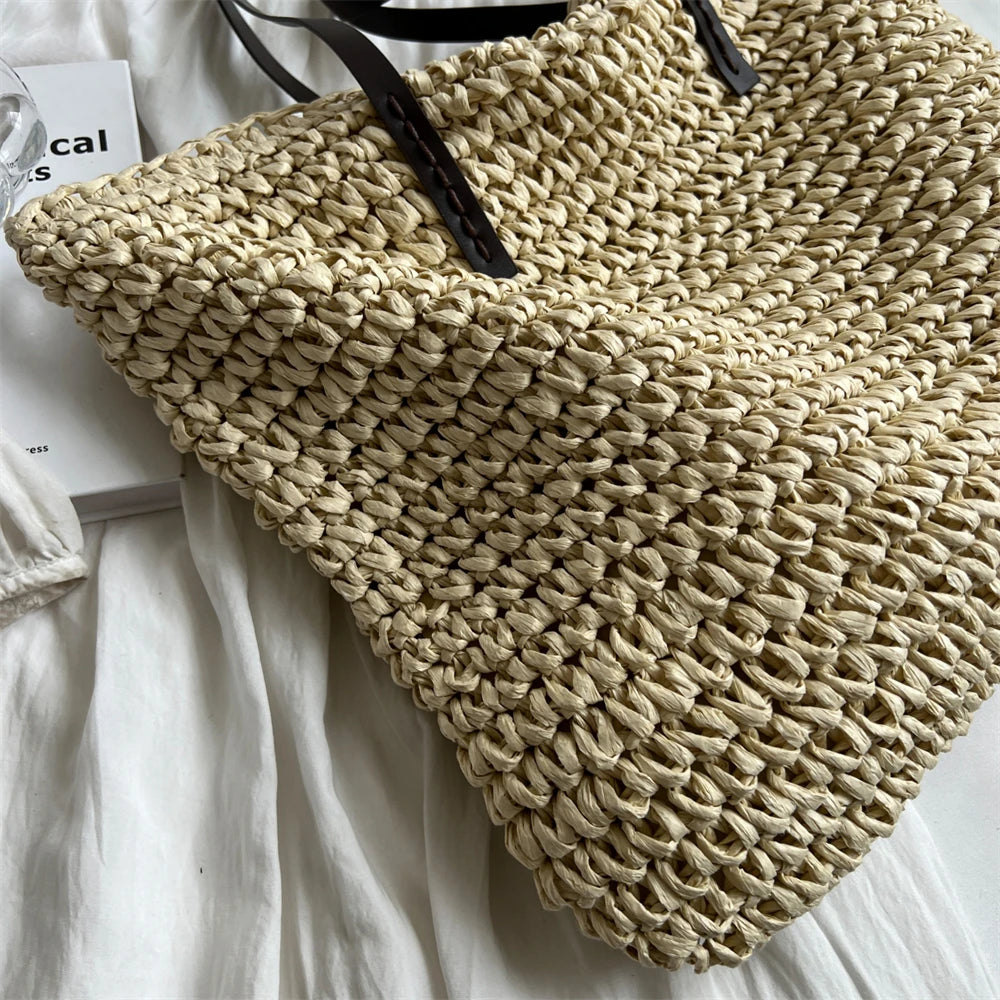 MOODS Luxury Design Straw Woven Tote Bags For Women Large Capacity Shoulder Beach Bag Pure Color Summer New Big Shopping Handbag