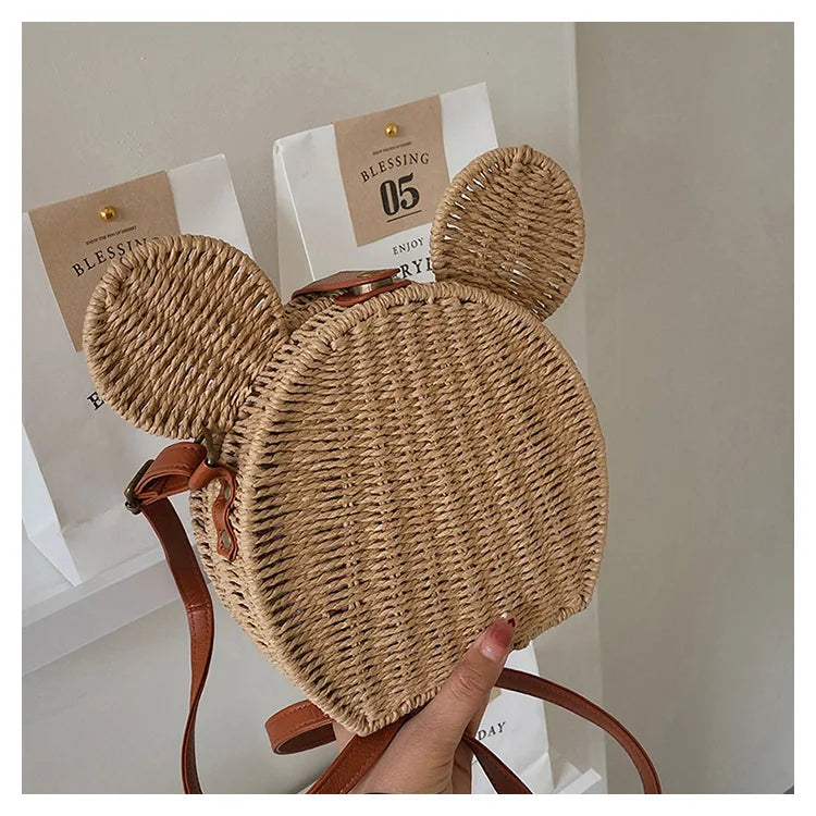 Disney 2023New Ladies Designer Straw Fancy Bag Cute Handbag Rattan Travel Leisure Vacation Small Round Beach Mickey Shoulder Bag - Elevate Your Body