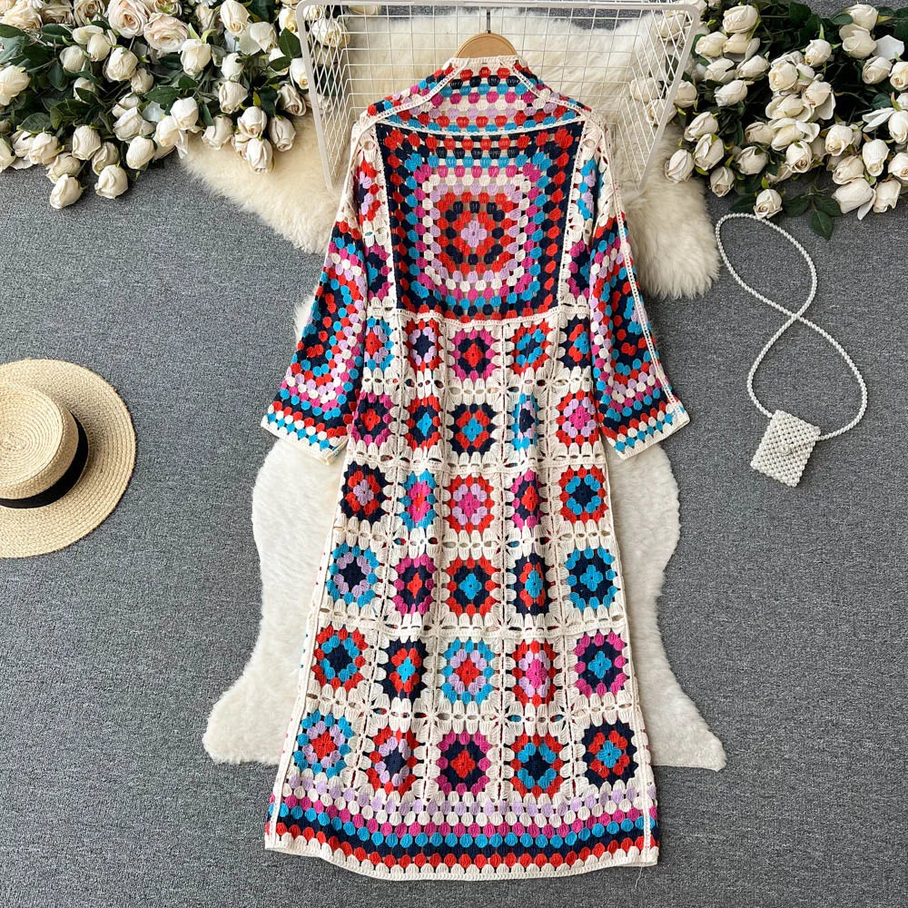 SINGREINY Summer Holiday Beach Long Cardigans Spring Fashion Vintage Floral Knit Cardigan Streetwear Loose Hollow Out Overcoat.