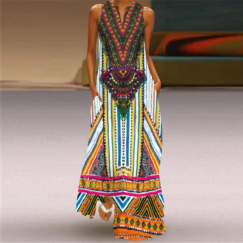 2024 New European and American Cross border Summer Long Dress Women's Sleeveless V-neck Printed Sexy.