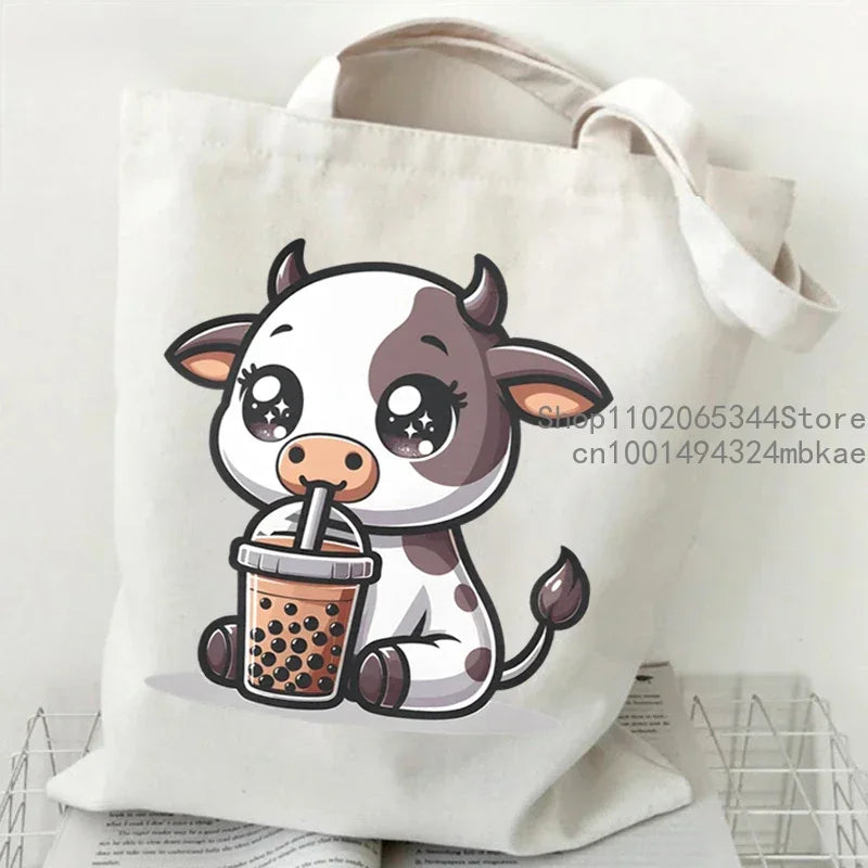 Cute Mouse Bobo Tea Pattern Canvas Shoulder Bag Women Animal Milk Tea Graphic Tote Bags Panda Frog Cartoon Women Shopping Purse.