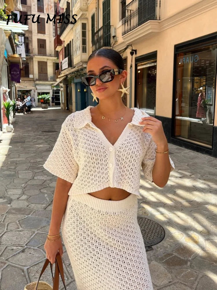 Elegant Knitted Long Skirt Women's Sets Hollow Out Lapel Short Sleeve Cropped Top  Maxi Skirts 2024 Summer Crochet Female Suit.