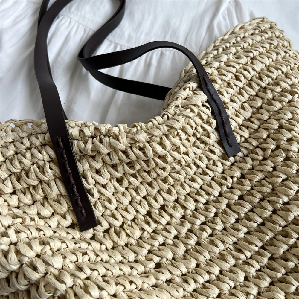 MOODS Luxury Design Straw Woven Tote Bags For Women Large Capacity Shoulder Beach Bag Pure Color Summer New Big Shopping Handbag