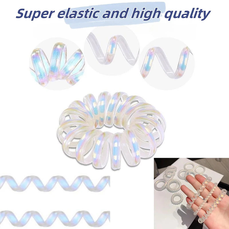 8-Pack Clear Spiral Hair Ties - Durable Telephone Line Ponytail Holders for Women.