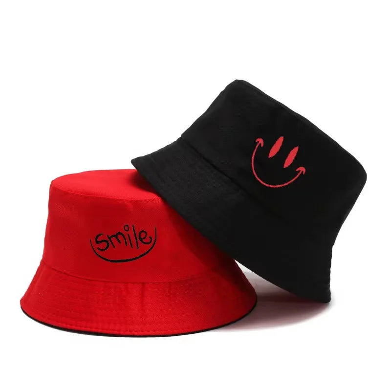 Unisex Smile Embroidered Bucket Hat - Double-Sided Cotton Corduroy Bob Cap for Beach, Fishing, and Casual Outings