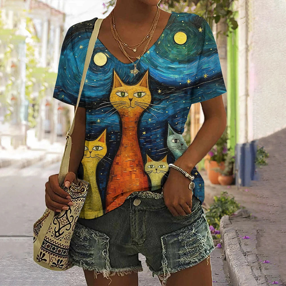 Summer Women's T Shirt Anger Cat Print Casual Short Sleeve 3d T Shirts Streetwear Crew Neck Pullover Oversized Female Clothing.