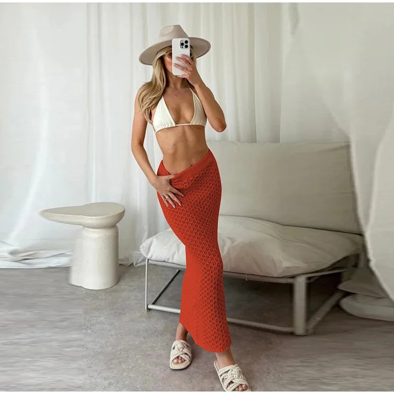 Elegant Knitted Long Skirt Women's Sets Hollow Out Lapel Short Sleeve Cropped Top  Maxi Skirts 2024 Summer Crochet Female Suit - Elevate Your Body