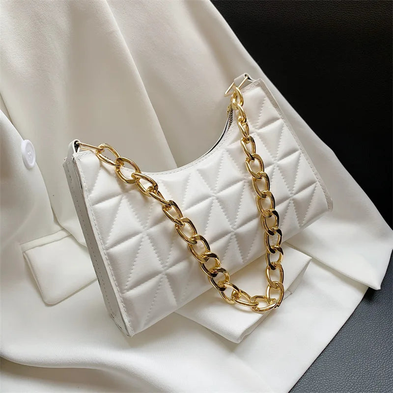 100% Polyurethane Solid Color Stitching Underarm Bag Chain One-shoulder WOMEN'S Bag.