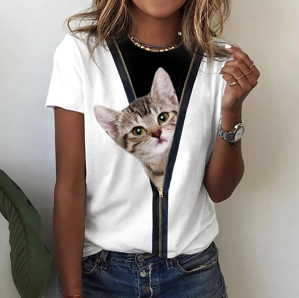 Summer Women's T Shirt Anger Cat Print Casual Short Sleeve 3d T Shirts Streetwear Crew Neck Pullover Oversized Female Clothing.