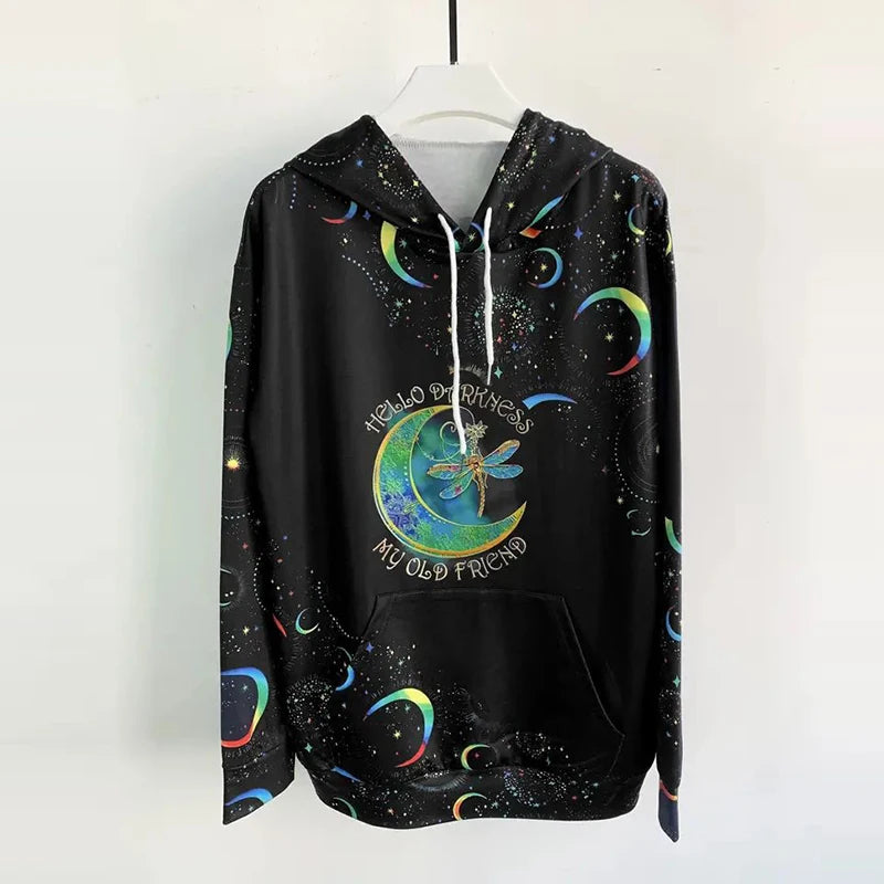 Moon Print Drawstring Hoodie Casual Long Sleeve Hooded Sweatshirt Women's Clothing - Elevate Your Body