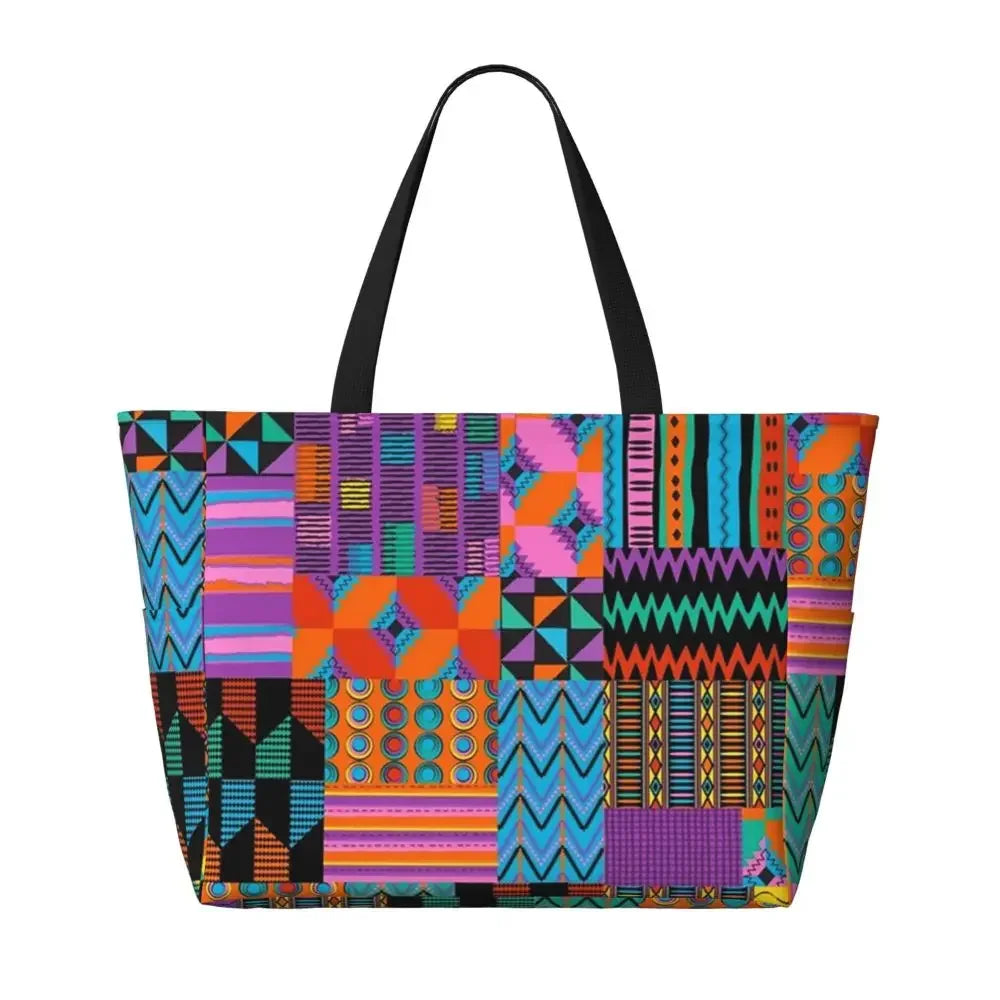 Custom African Kente Cloth Design Tote Bag for Women Large Capacity Traditional Africa Ethnic Ankara Beach Gym Travel Bags