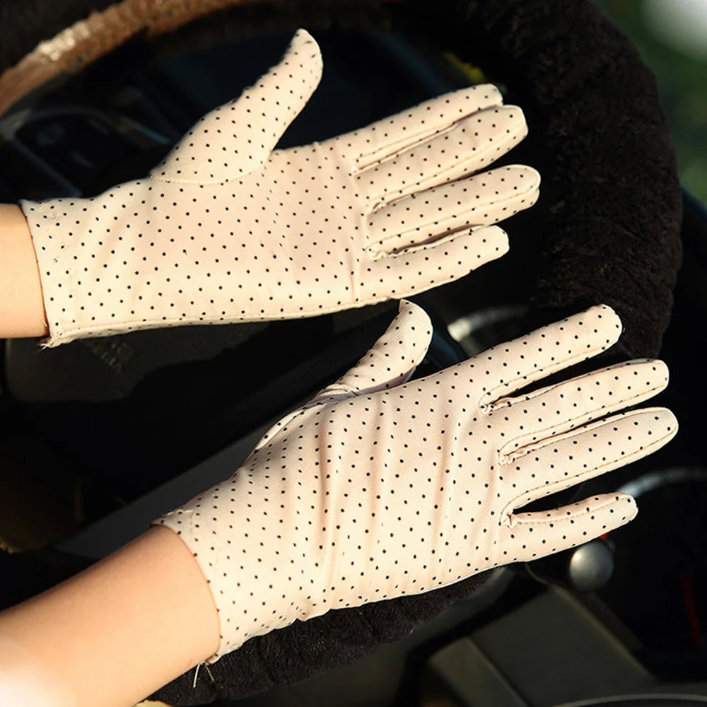 Fashionable Women's Spandex Driving Gloves for Summer Sunscreen Protection with Dots Design.