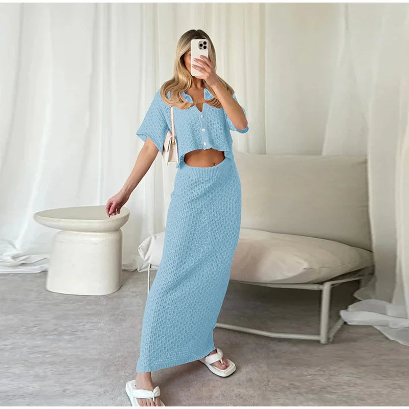 Elegant Knitted Long Skirt Women's Sets Hollow Out Lapel Short Sleeve Cropped Top  Maxi Skirts 2024 Summer Crochet Female Suit - Elevate Your Body