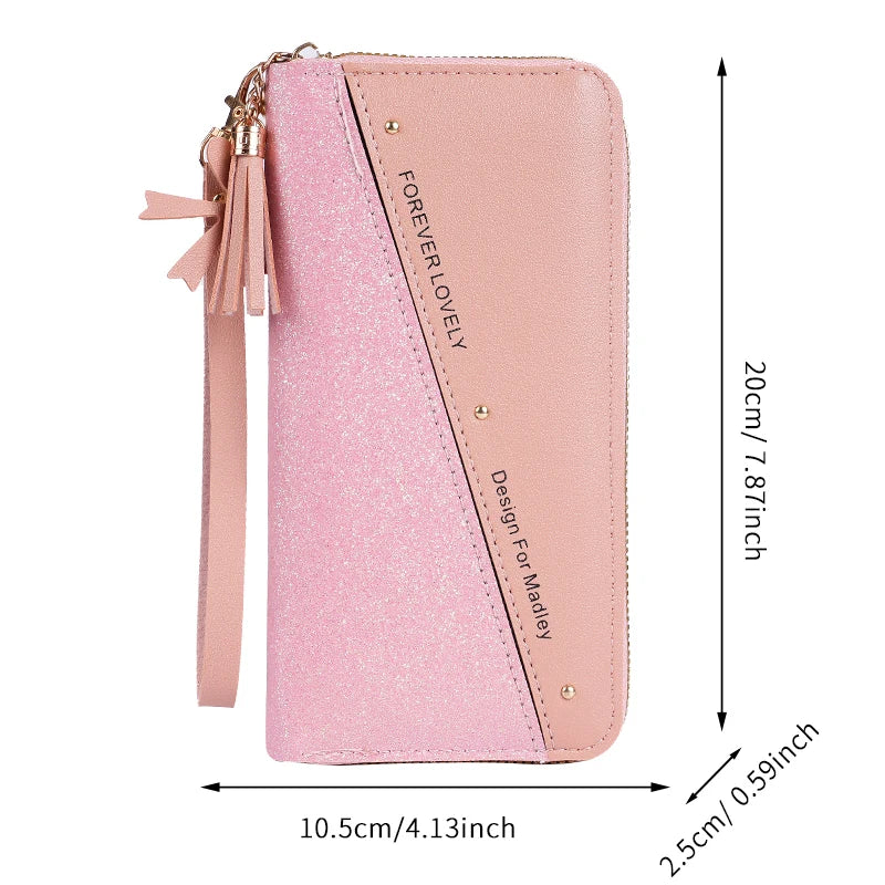 2024 New Purse Long Female Zipper Purse Female Korean Version Of The Patchwork Color Tassel Multi-card Bag Mobile Phone Bag.