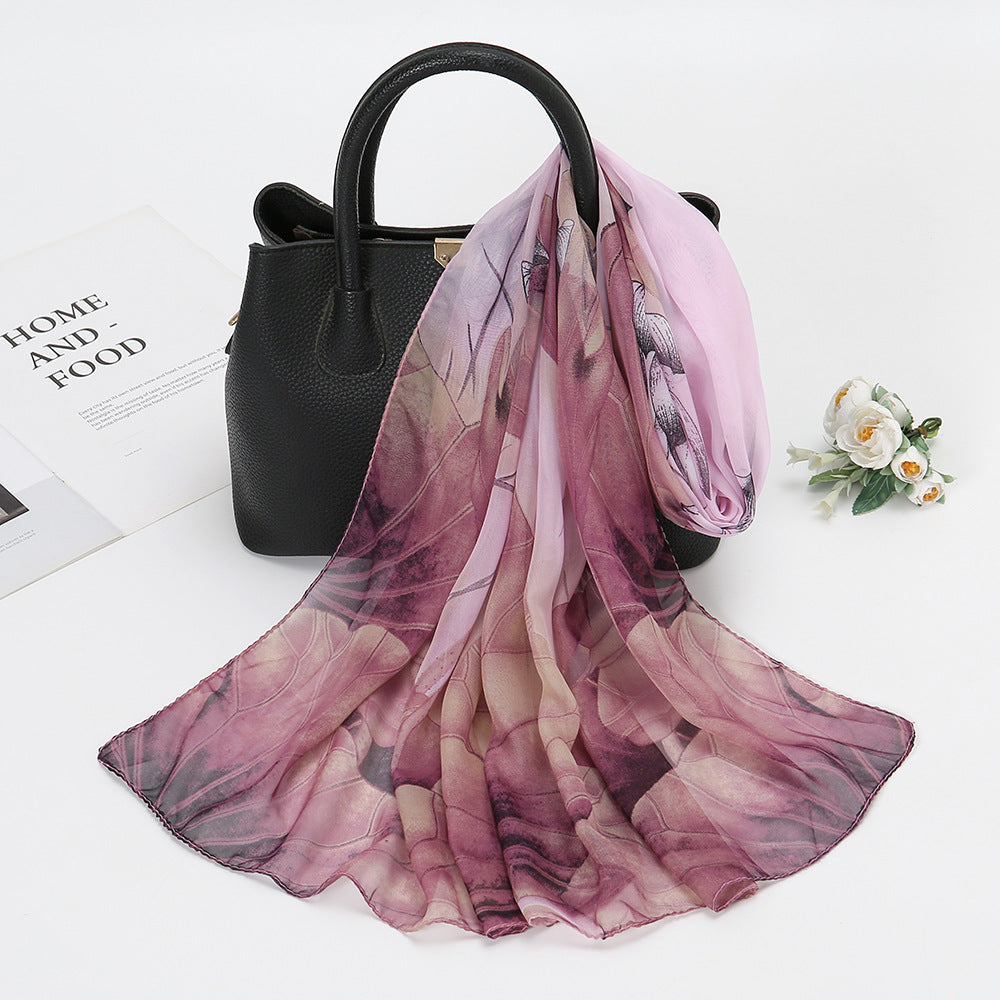 Elegant Lotus Flower Chiffon Scarf for Women - Stylish Sunscreen Accessory for Beach Travel and Holidays.