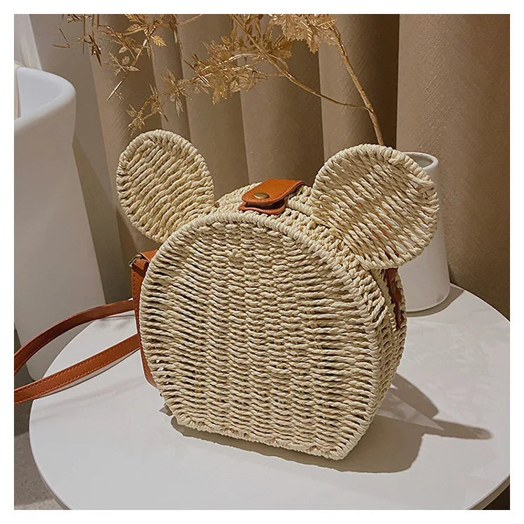 Disney 2023New Ladies Designer Straw Fancy Bag Cute Handbag Rattan Travel Leisure Vacation Small Round Beach Mickey Shoulder Bag - Elevate Your Body