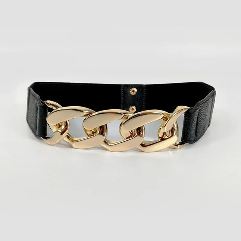 Stylish Elastic PU Leather Belt with Metal Chain Buckle and Rivet Details for Women.