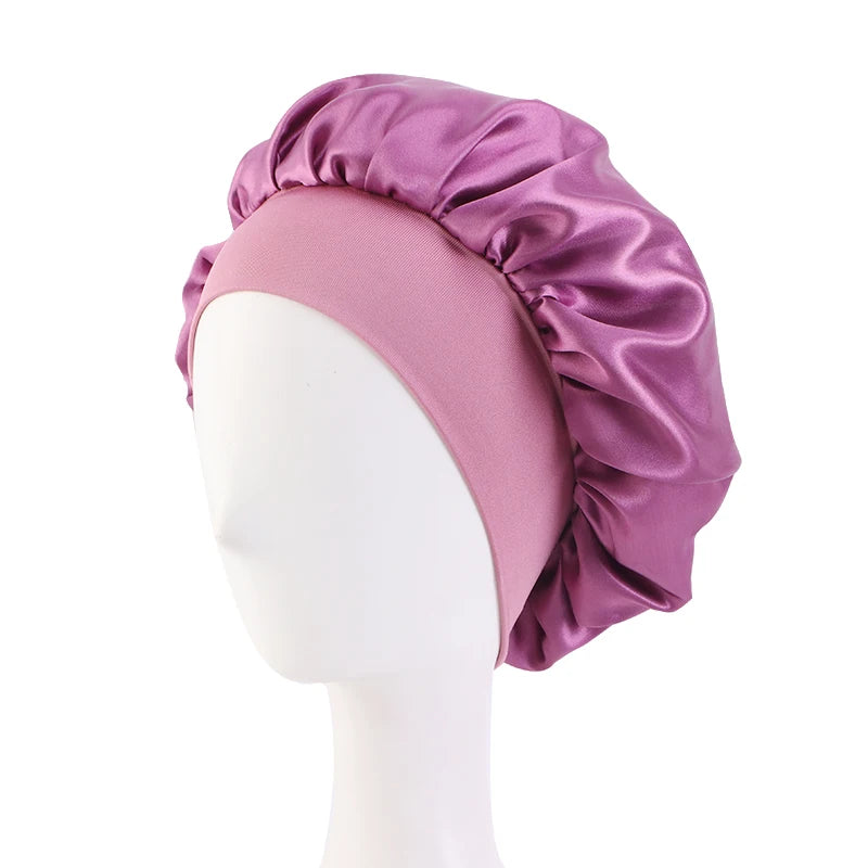 Satin Solid Wide-Brimmed Unisex Sleeping Hat - Elastic Band Hair Care Bonnet for Night Use.