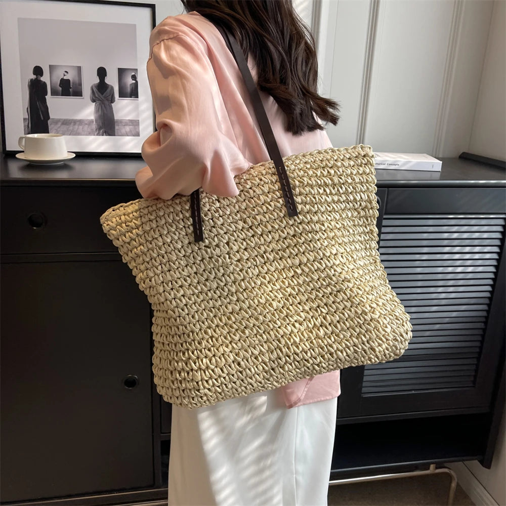 MOODS Luxury Design Straw Woven Tote Bags For Women Large Capacity Shoulder Beach Bag Pure Color Summer New Big Shopping Handbag.