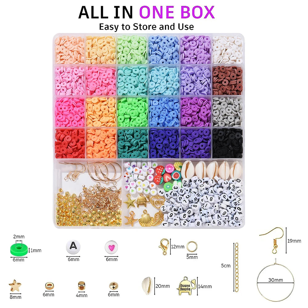 6000 Clay Beads Braceletmaking Kit 24 Colors Flat Beadsfor Friendship Bracelet Polymer Claybeads Charms Jewelry Makingcraft Gift.