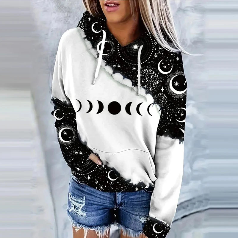 Moon Print Drawstring Hoodie Casual Long Sleeve Hooded Sweatshirt Women's Clothing.