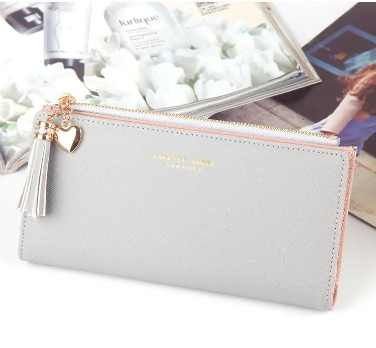 Women's Long Wallet,Multi Card slots Handheld Clutches,Tassel Zipper Clutch Purse,Slim Large Capacity Leather Mobile Phone Bag.