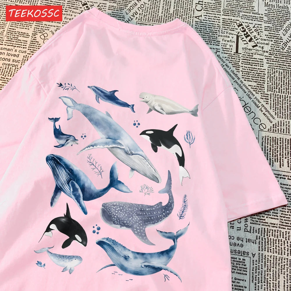 Fashion Cotton Women'S T-Shirts Ocean And Whales Printing Tops Oversize O-Neck Soft Short Sleeve Summer Casual Female Clothes.