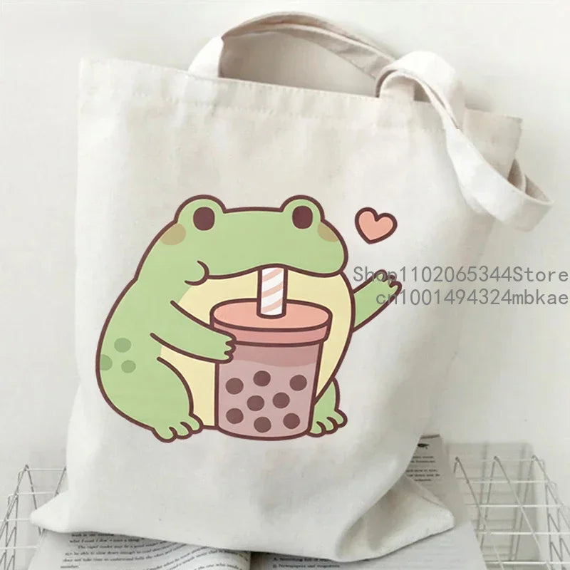 Cute Mouse Bobo Tea Pattern Canvas Shoulder Bag Women Animal Milk Tea Graphic Tote Bags Panda Frog Cartoon Women Shopping Purse.