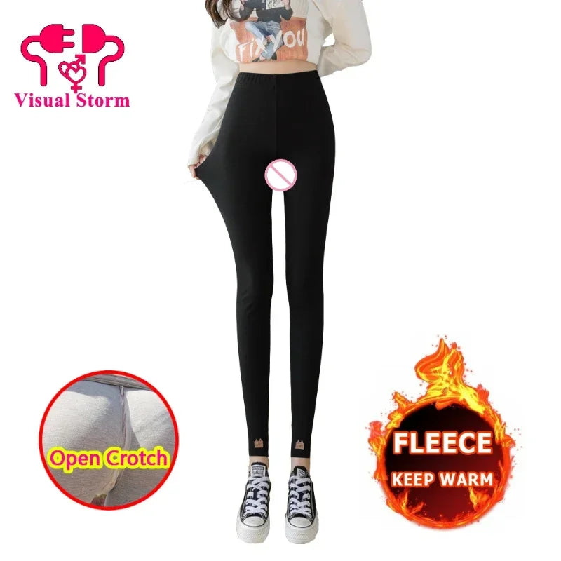 Winter Open Crotch Hot Pants Women Thick Sexy Gym Leggings Warm Keep Sport Push Up Crotchless Clubwear Cloth Fleece Add.