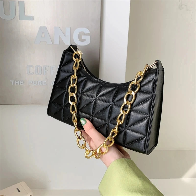 100% Polyurethane Solid Color Stitching Underarm Bag Chain One-shoulder WOMEN'S Bag.