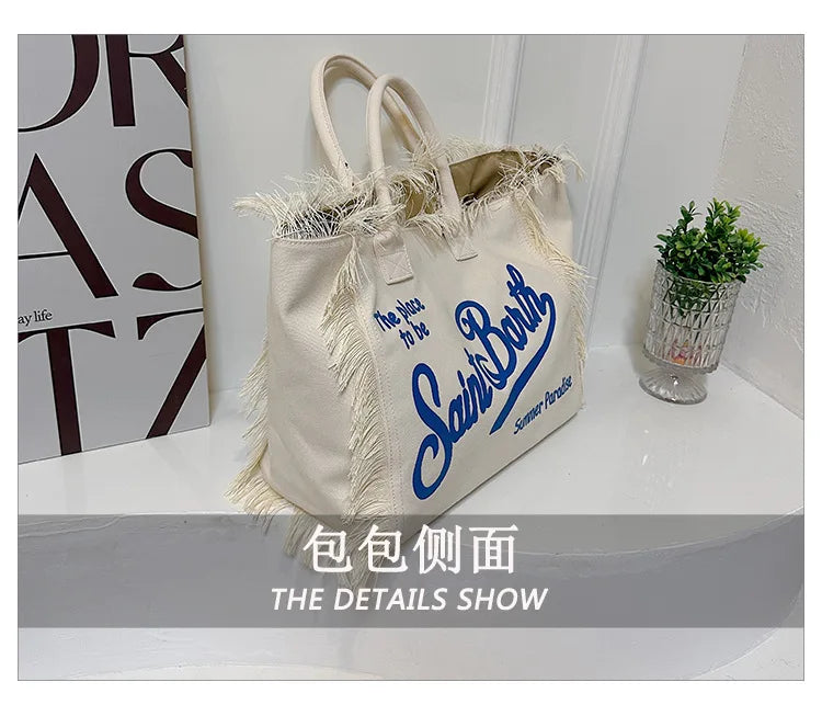 Popular Korean letters tassel canvas bag large-capacity bag simple commuting students to single shoulder Tote bag - Elevate Your Body