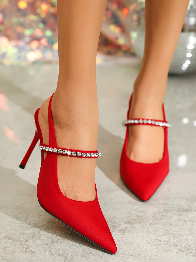 2024 Summer Fashion Orange Pump Back Strap Sandals Rhinestone Pointed Toe Slingback Shoes Brand Wedding High Heel Crystal Muless.