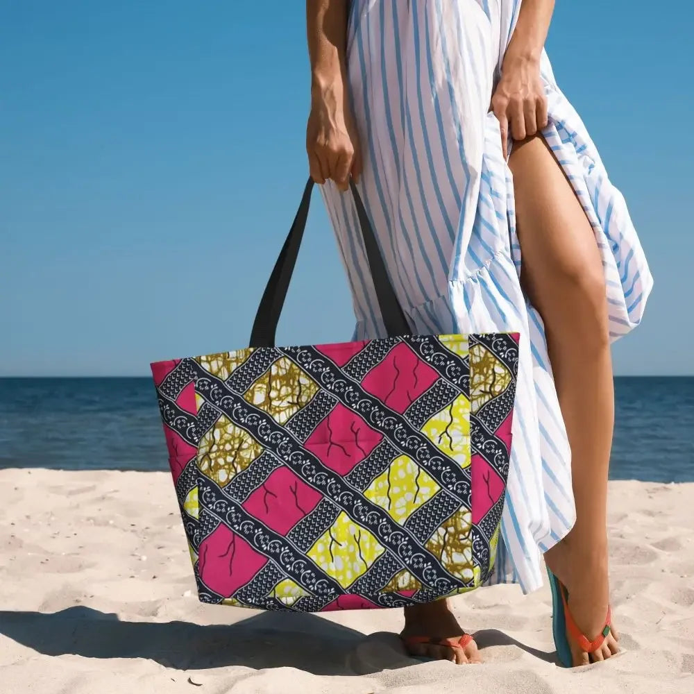 Custom African Kente Cloth Design Tote Bag for Women Large Capacity Traditional Africa Ethnic Ankara Beach Gym Travel Bags