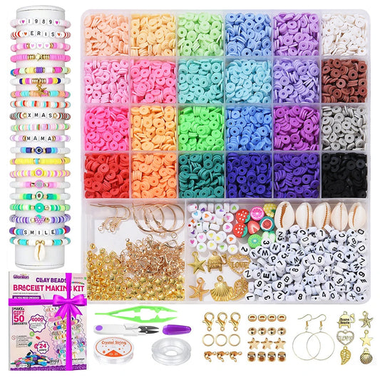 6000 Clay Beads Braceletmaking Kit 24 Colors Flat Beadsfor Friendship Bracelet Polymer Claybeads Charms Jewelry Makingcraft Gift.