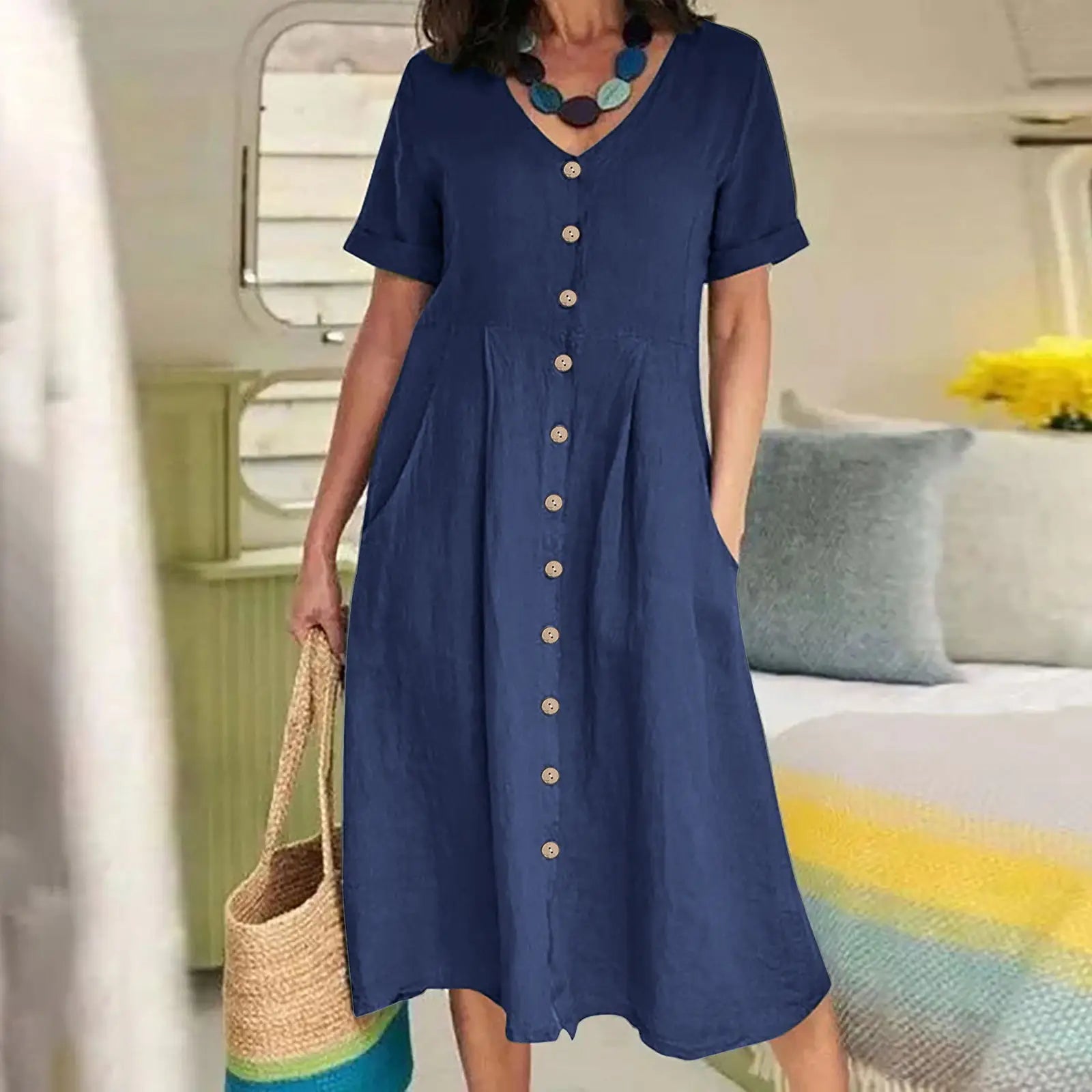 Women's Clothing Summer Casual V Neck Short Sleeve Cotton Linen Midi Dress Solid Loose High Waist Elegant Party Dresses Vestidos - Elevate Your Body