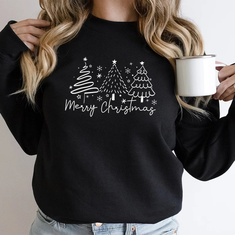 Merry Christmas Tree Trending Sweatshirts Women Funny Festive Fashion Casual Hoodies Trendy Christmas Tree Design Holiday Hoodie.