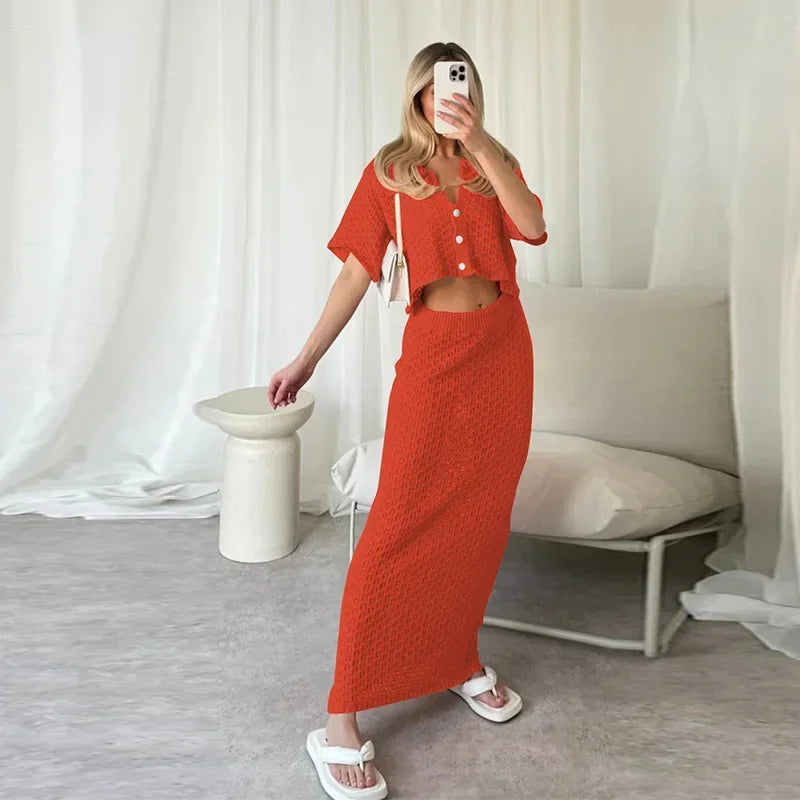 Elegant Knitted Long Skirt Women's Sets Hollow Out Lapel Short Sleeve Cropped Top  Maxi Skirts 2024 Summer Crochet Female Suit.