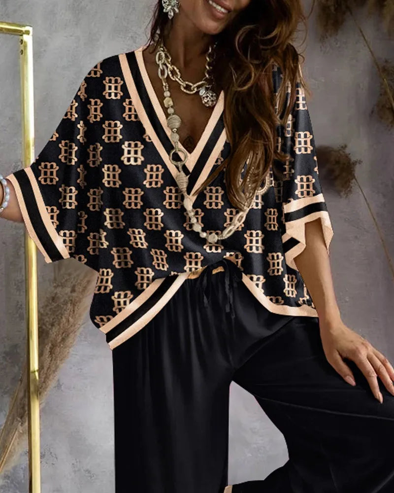 Sexy V Neck Midi Sleeve Shirt Pants Set Spring Summer Fashion Print Blouse Solid Trousers Two Piece Sets For Women Outfit 2024.