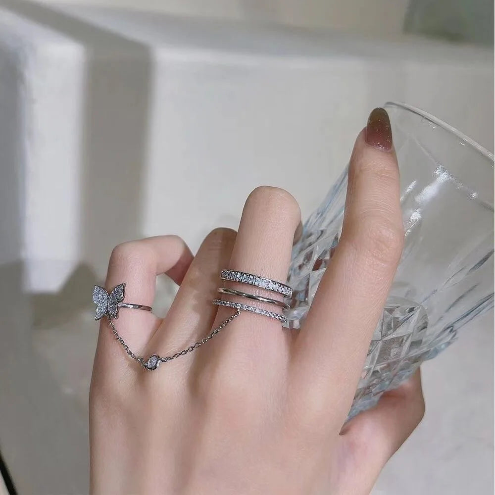 Trendy Double Finger Chain Rings for Women Ring Set Tassel Butterfly Cross Punk Rings Jewelry Ladies Fashion HipHop Jewelry.