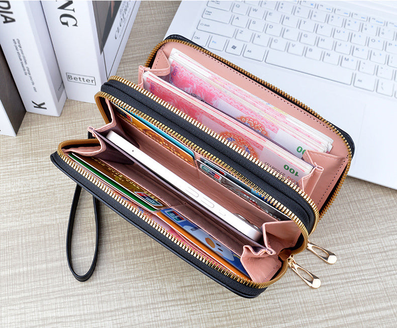 New Wallet Women's Long Double Zipper Large Capacity Handbag Mom's Fashion Simple Double Layer Wallet Mobile Case.