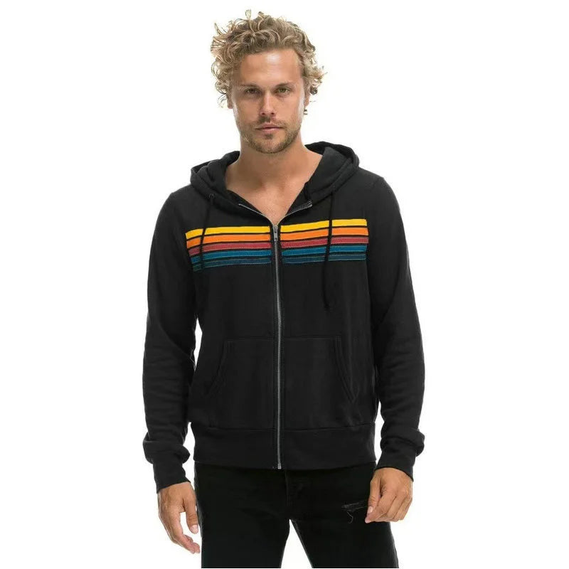 2025 Women Men Zipper Rainbow Long Sleeve Hooded Sweatershirt Harajuku Elastic Hip Hop 5 Stripe Hoodies Jacket.