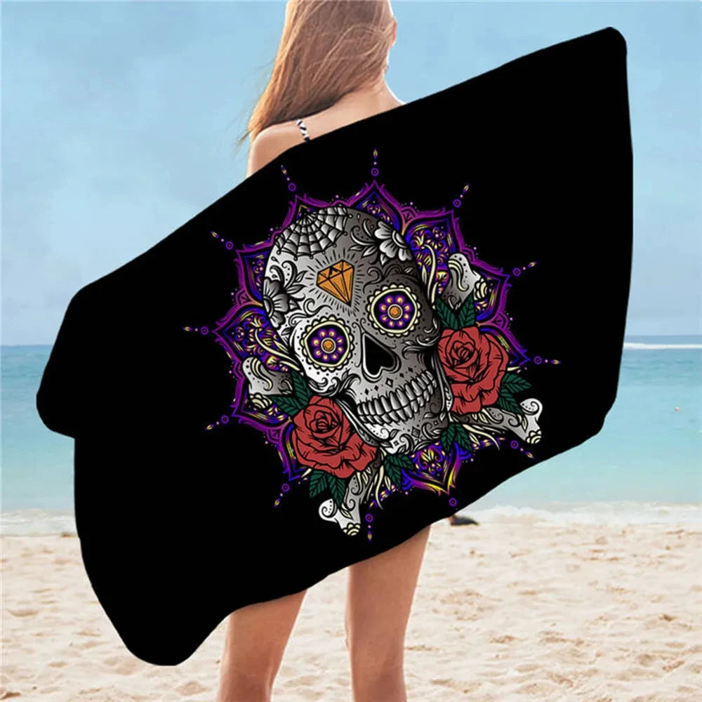 Sugar Skull Print Beach Towel Microfiber Fabric Quick Dry for Adults Women Men Gift Shower Towel Travel Camping Kitchen Gym Yoga.