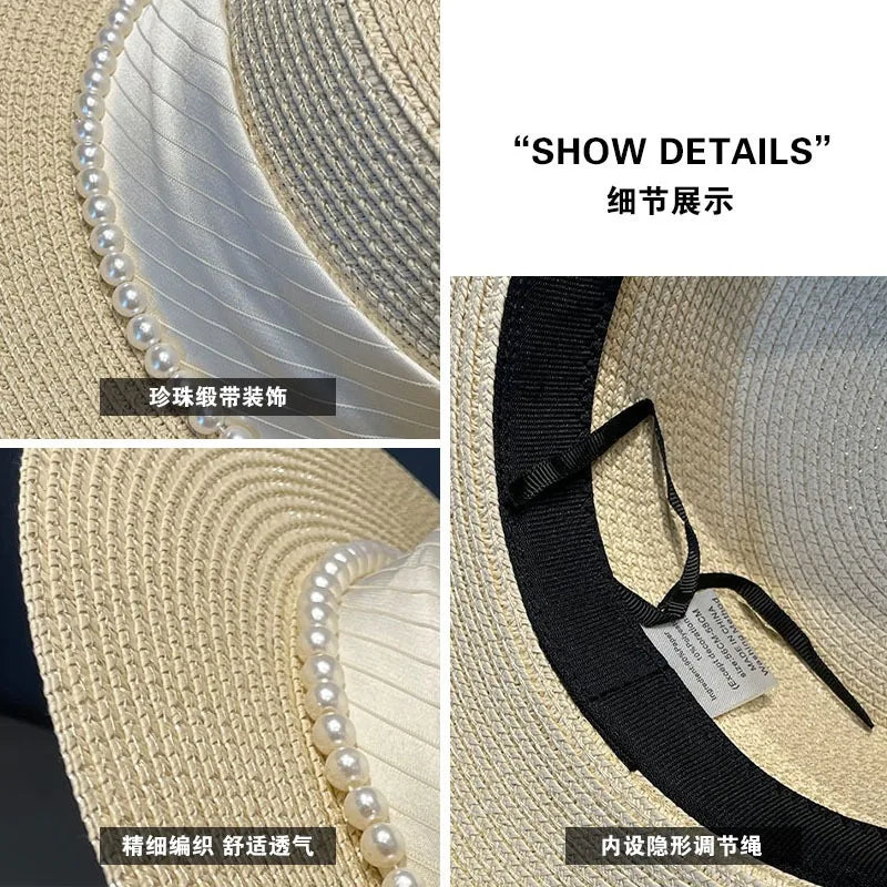 2024 Stylish Wide Brim Straw Sun Hat for Women with Pearl Chain - UV Protection Beach Cap.