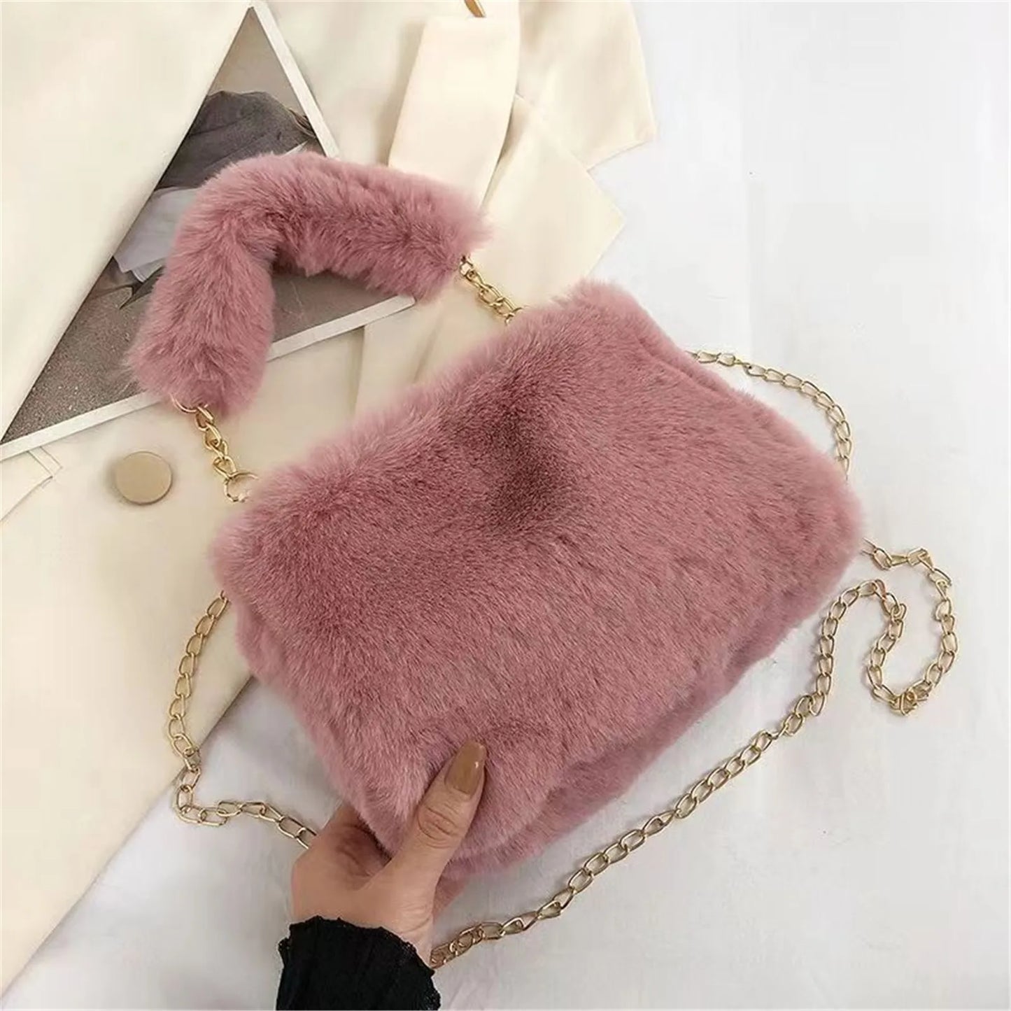 Plush Handbag Women'S New Eco-Friendly Fur Furry Mini Handbag Korean Fashion Plush Crossbody Bag Square Bag.