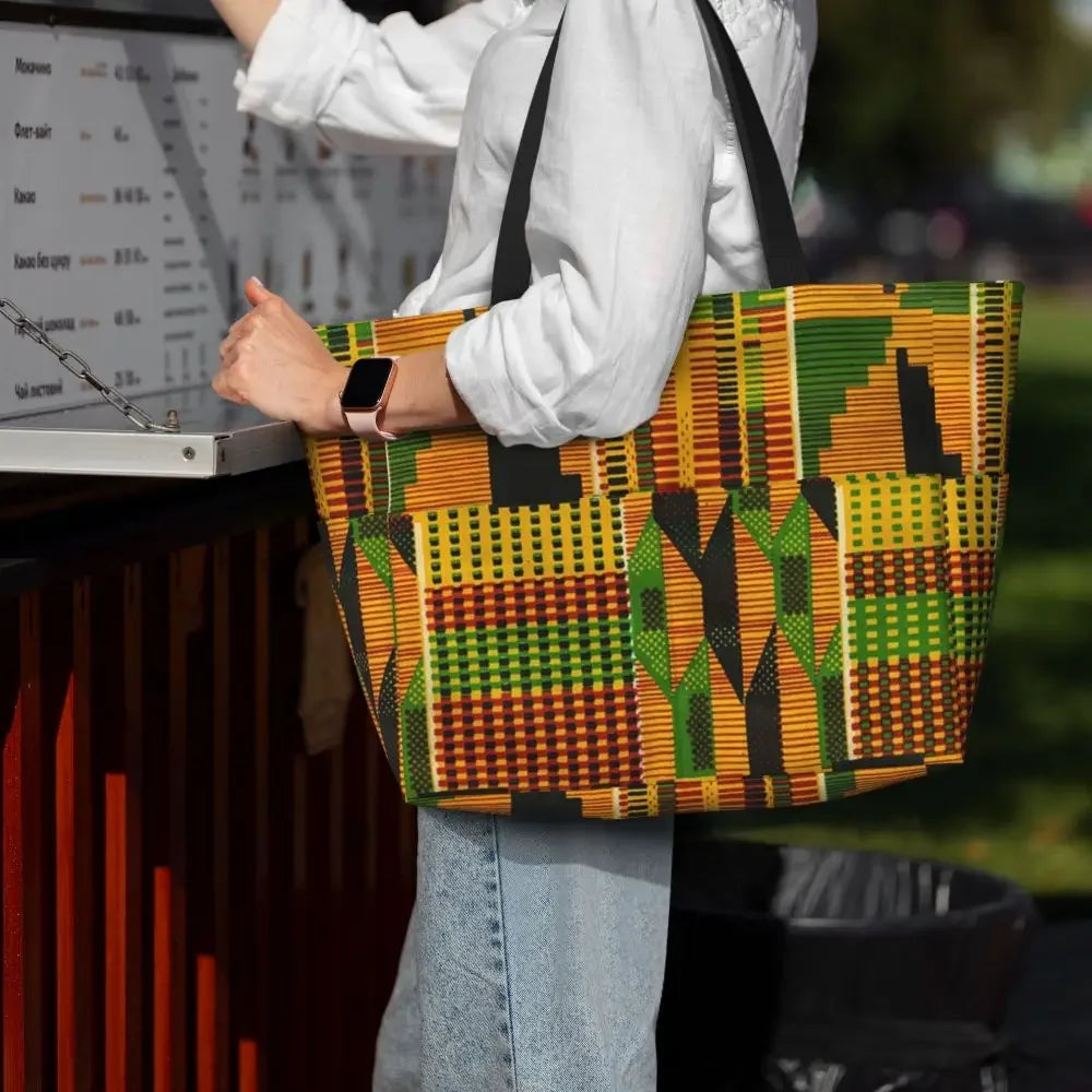 Custom African Kente Cloth Design Tote Bag for Women Large Capacity Traditional Africa Ethnic Ankara Beach Gym Travel Bags