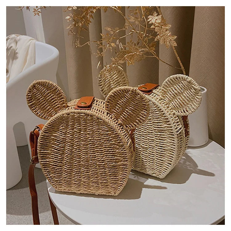 Disney 2023New Ladies Designer Straw Fancy Bag Cute Handbag Rattan Travel Leisure Vacation Small Round Beach Mickey Shoulder Bag - Elevate Your Body