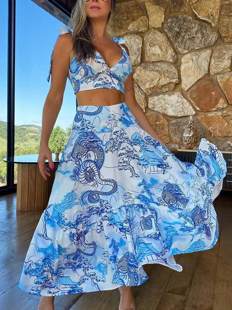 New Two Pieces Skirt Sets Suspenders Tube Top Skirts Sweet Printed Bra Bare Waist Chic Evening Party Clothing Beach Dance Robe.